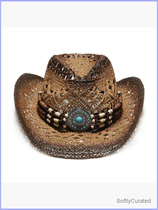 Unisex Wide Brim Straw Cowboy Hat with Decorative Bands